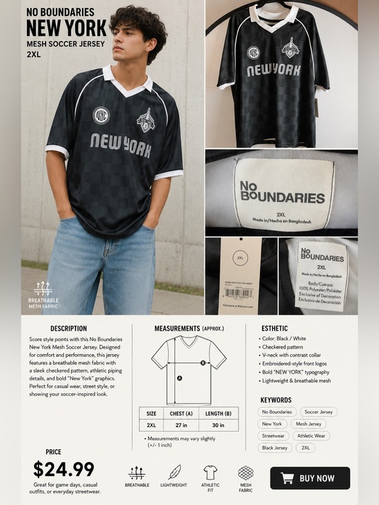 No Boundaries Other - No Boundaries Black and White New York Soccer Jersey